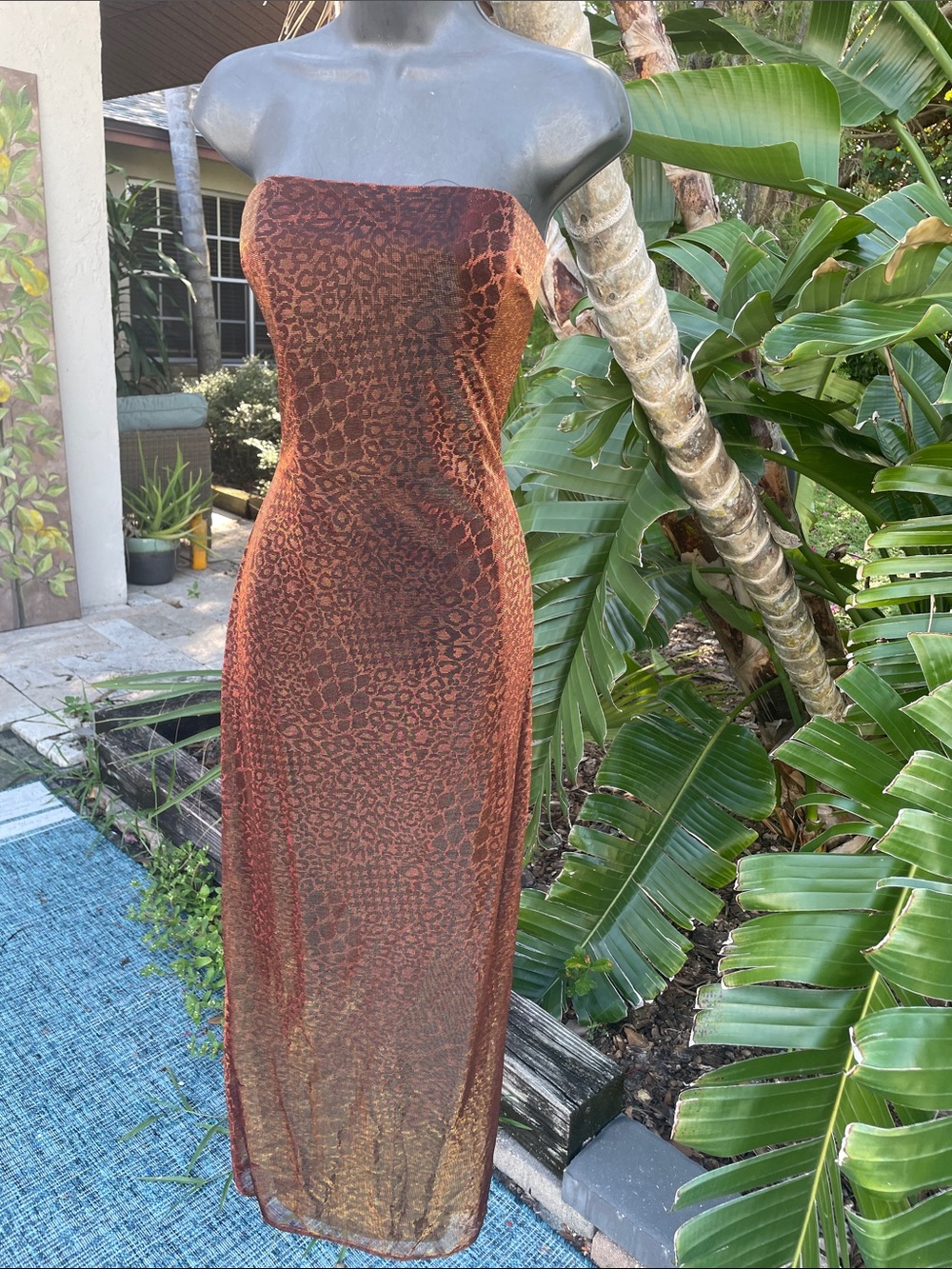 metallic copper leopard print strapless maxi dress by Gunny Sax  millennium